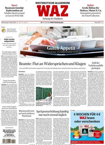Titelbild der Ausgabe 60/2026 von WAZ Westdeutsche Allgemeine Zeitung für Gladbeck. Diese Zeitschrift und viele weitere Zeitungsabos als Abo oder epaper bei United Kiosk online kaufen.
