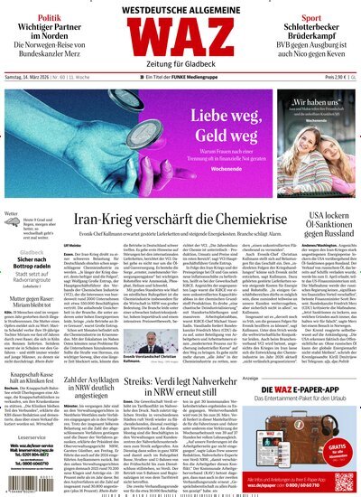 Titelbild der Ausgabe 62/2026 von WAZ Westdeutsche Allgemeine Zeitung für Gladbeck. Diese Zeitschrift und viele weitere Zeitungsabos als Abo oder epaper bei United Kiosk online kaufen.