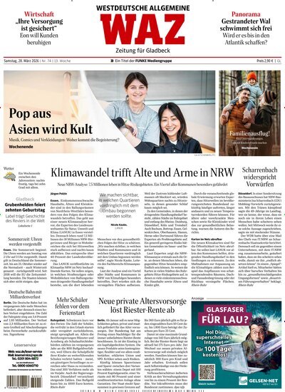 Titelbild der Ausgabe 74/2026 von WAZ Westdeutsche Allgemeine Zeitung für Gladbeck. Diese Zeitschrift und viele weitere Zeitungsabos als Abo oder epaper bei United Kiosk online kaufen.