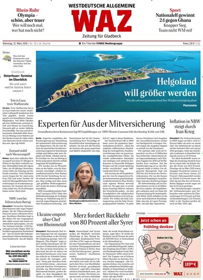 Titelbild der Ausgabe 76/2026 von WAZ Westdeutsche Allgemeine Zeitung für Gladbeck. Diese Zeitschrift und viele weitere Zeitungsabos als Abo oder epaper bei United Kiosk online kaufen.