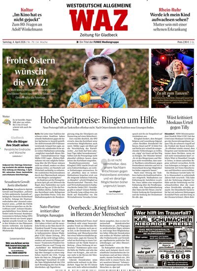 Titelbild der Ausgabe 79/2026 von WAZ Westdeutsche Allgemeine Zeitung für Gladbeck. Diese Zeitschrift und viele weitere Zeitungsabos als Abo oder epaper bei United Kiosk online kaufen.