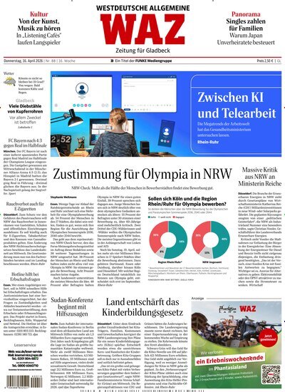 Titelbild der Ausgabe 88/2026 von WAZ Westdeutsche Allgemeine Zeitung für Gladbeck. Diese Zeitschrift und viele weitere Zeitungsabos als Abo oder epaper bei United Kiosk online kaufen.