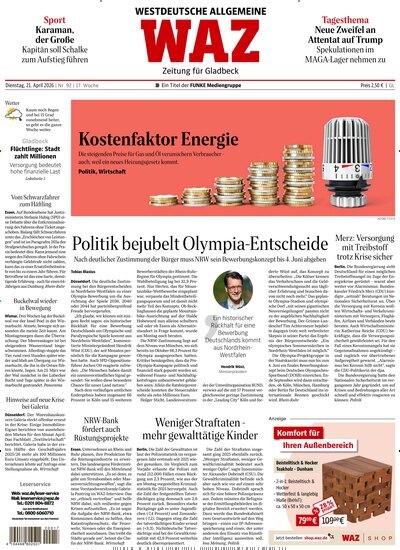 Titelbild der Ausgabe 92/2026 von WAZ Westdeutsche Allgemeine Zeitung für Gladbeck. Diese Zeitschrift und viele weitere Zeitungsabos als Abo oder epaper bei United Kiosk online kaufen.