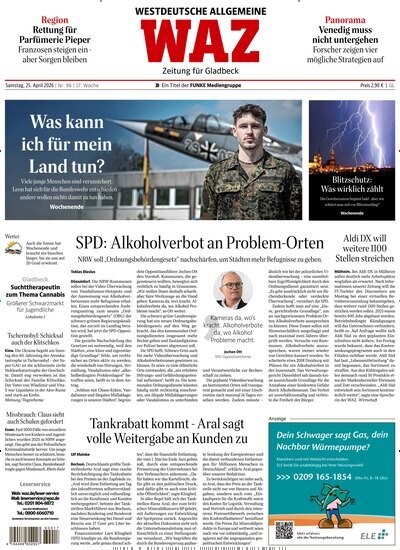 Titelbild der Ausgabe 96/2026 von WAZ Westdeutsche Allgemeine Zeitung für Gladbeck. Diese Zeitschrift und viele weitere Zeitungsabos als Abo oder epaper bei United Kiosk online kaufen.