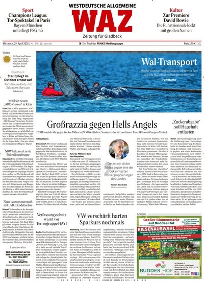Titelbild der Ausgabe 99/2026 von WAZ Westdeutsche Allgemeine Zeitung für Gladbeck. Diese Zeitschrift und viele weitere Zeitungsabos als Abo oder epaper bei United Kiosk online kaufen.