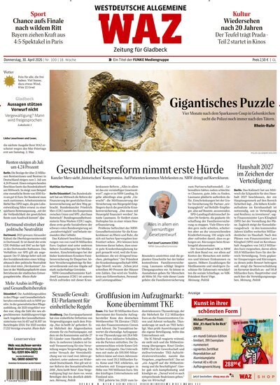 Titelbild der Ausgabe 100/2026 von WAZ Westdeutsche Allgemeine Zeitung für Gladbeck. Diese Zeitschrift und viele weitere Zeitungsabos als Abo oder epaper bei United Kiosk online kaufen.