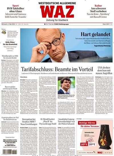 Titelbild der Ausgabe 104/2026 von WAZ Westdeutsche Allgemeine Zeitung für Gladbeck. Diese Zeitschrift und viele weitere Zeitungsabos als Abo oder epaper bei United Kiosk online kaufen.