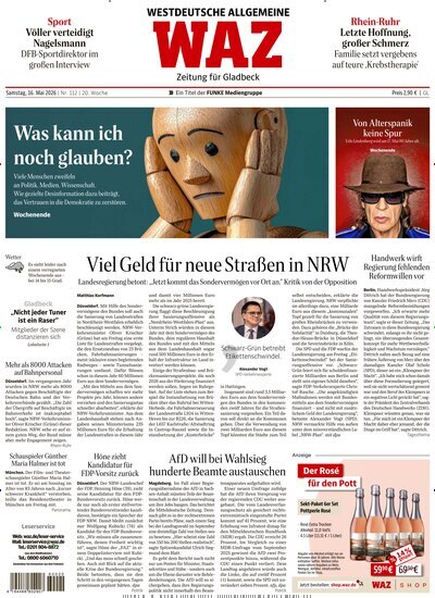 Titelbild der Ausgabe 112/2026 von WAZ Westdeutsche Allgemeine Zeitung für Gladbeck. Diese Zeitschrift und viele weitere Zeitungsabos als Abo oder epaper bei United Kiosk online kaufen.