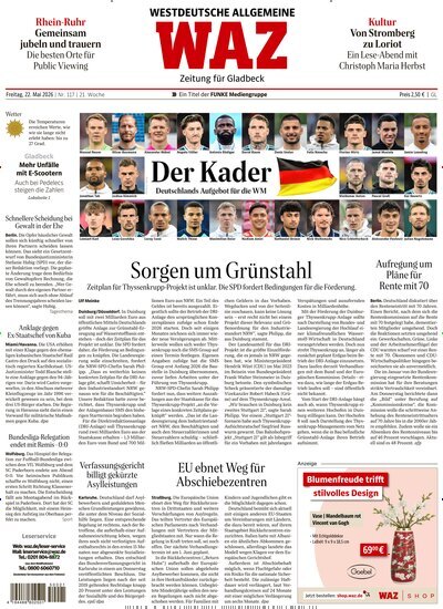 Titelbild der Ausgabe 117/2026 von WAZ Westdeutsche Allgemeine Zeitung für Gladbeck. Diese Zeitschrift und viele weitere Zeitungsabos als Abo oder epaper bei United Kiosk online kaufen.