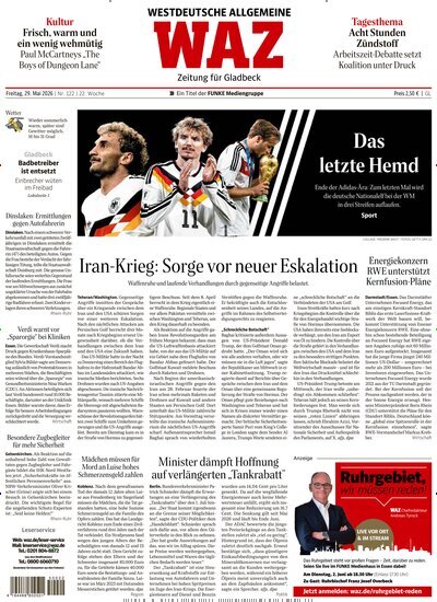 Titelbild der Ausgabe 122/2026 von WAZ Westdeutsche Allgemeine Zeitung für Gladbeck. Diese Zeitschrift und viele weitere Zeitungsabos als Abo oder epaper bei United Kiosk online kaufen.