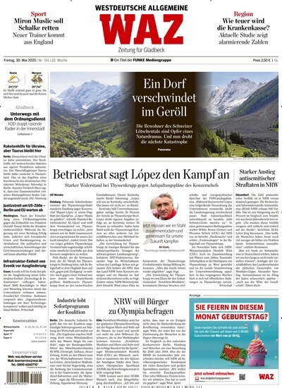 Titelbild der Ausgabe 124/2025 von WAZ Westdeutsche Allgemeine Zeitung für Gladbeck. Diese Zeitschrift und viele weitere Zeitungsabos als Abo oder epaper bei United Kiosk online kaufen.