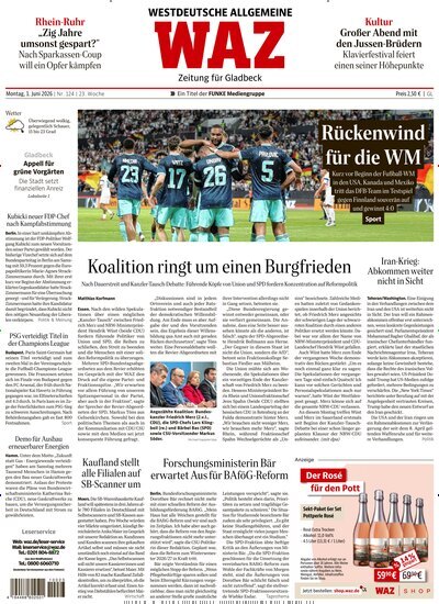 Titelbild der Ausgabe 124/2026 von WAZ Westdeutsche Allgemeine Zeitung für Gladbeck. Diese Zeitschrift und viele weitere Zeitungsabos als Abo oder epaper bei United Kiosk online kaufen.