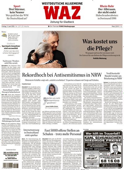 Titelbild der Ausgabe 127/2026 von WAZ Westdeutsche Allgemeine Zeitung für Gladbeck. Diese Zeitschrift und viele weitere Zeitungsabos als Abo oder epaper bei United Kiosk online kaufen.
