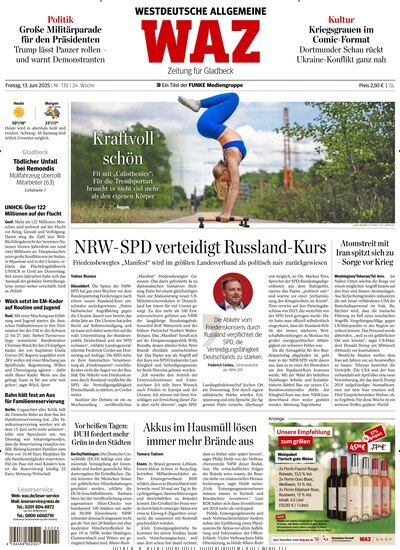 Titelbild der Ausgabe 135/2025 von WAZ Westdeutsche Allgemeine Zeitung für Gladbeck. Diese Zeitschrift und viele weitere Zeitungsabos als Abo oder epaper bei United Kiosk online kaufen.