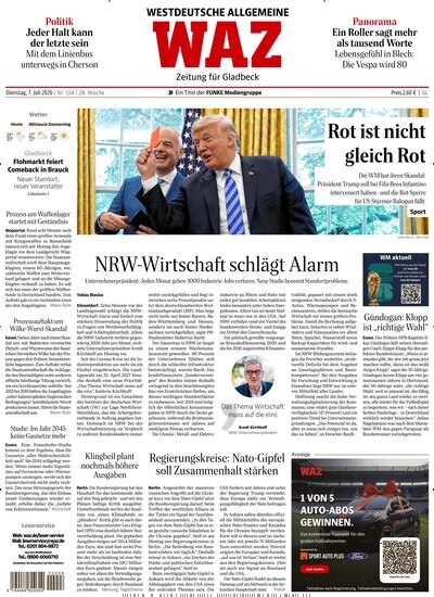 Titelbild der Ausgabe 154/2026 von WAZ Westdeutsche Allgemeine Zeitung für Gladbeck. Diese Zeitschrift und viele weitere Zeitungsabos als Abo oder epaper bei United Kiosk online kaufen.