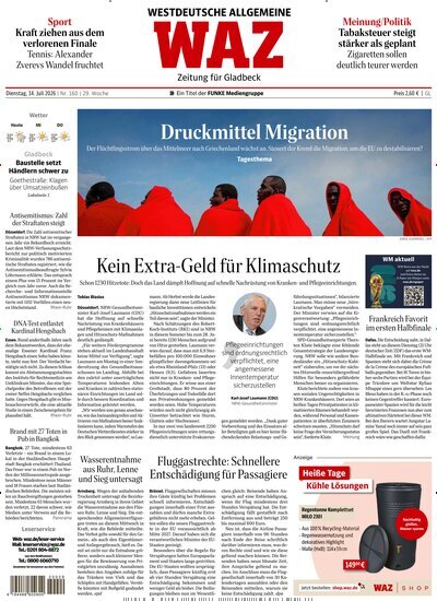 Titelbild der Ausgabe 160/2026 von WAZ Westdeutsche Allgemeine Zeitung für Gladbeck. Diese Zeitschrift und viele weitere Zeitungsabos als Abo oder epaper bei United Kiosk online kaufen.