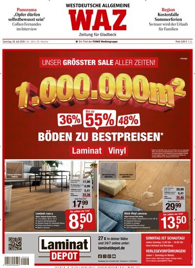 Titelbild der Ausgabe 164/2026 von WAZ Westdeutsche Allgemeine Zeitung für Gladbeck. Diese Zeitschrift und viele weitere Zeitungsabos als Abo oder epaper bei United Kiosk online kaufen.