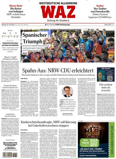 Titelbild der Ausgabe 165/2026 von WAZ Westdeutsche Allgemeine Zeitung für Gladbeck. Diese Zeitschrift und viele weitere Zeitungsabos als Abo oder epaper bei United Kiosk online kaufen.