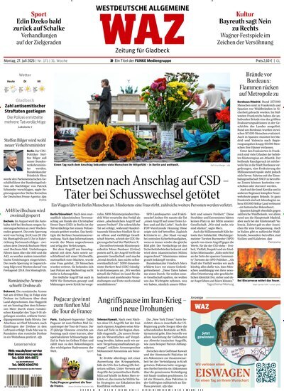 Titelbild der Ausgabe 171/2026 von WAZ Westdeutsche Allgemeine Zeitung für Gladbeck. Diese Zeitschrift und viele weitere Zeitungsabos als Abo oder epaper bei United Kiosk online kaufen.