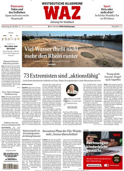 Titelbild der Ausgabe 174/2026 von WAZ Westdeutsche Allgemeine Zeitung für Gladbeck. Diese Zeitschrift und viele weitere Zeitungsabos als Abo oder epaper bei United Kiosk online kaufen.