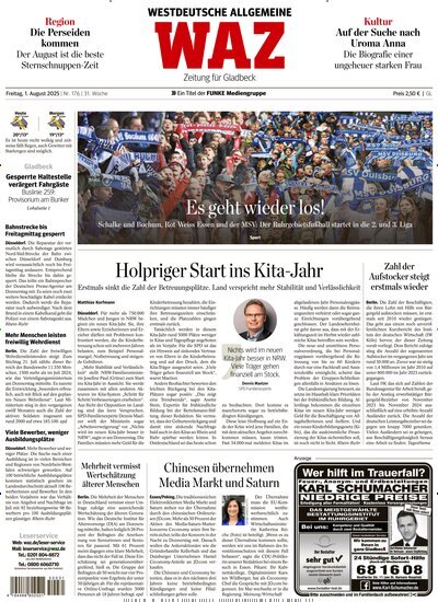 Titelbild der Ausgabe 176/2025 von WAZ Westdeutsche Allgemeine Zeitung für Gladbeck. Diese Zeitschrift und viele weitere Zeitungsabos als Abo oder epaper bei United Kiosk online kaufen.