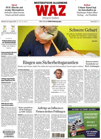 Titelbild der Ausgabe 192/2025 von WAZ Westdeutsche Allgemeine Zeitung für Gladbeck. Diese Zeitschrift und viele weitere Zeitungsabos als Abo oder epaper bei United Kiosk online kaufen.