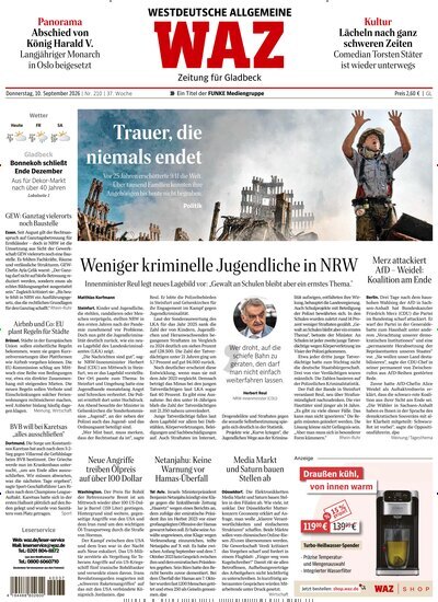 Titelbild der Ausgabe 210/2026 von WAZ Westdeutsche Allgemeine Zeitung für Gladbeck. Diese Zeitschrift und viele weitere Zeitungsabos als Abo oder epaper bei United Kiosk online kaufen.