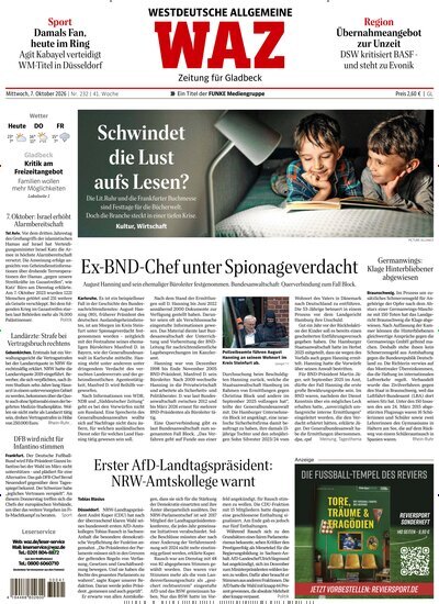Titelbild der Ausgabe 232/2026 von WAZ Westdeutsche Allgemeine Zeitung für Gladbeck. Diese Zeitschrift und viele weitere Zeitungsabos als Abo oder epaper bei United Kiosk online kaufen.