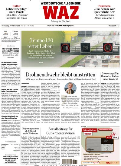 Titelbild der Ausgabe 234/2025 von WAZ Westdeutsche Allgemeine Zeitung für Gladbeck. Diese Zeitschrift und viele weitere Zeitungsabos als Abo oder epaper bei United Kiosk online kaufen.