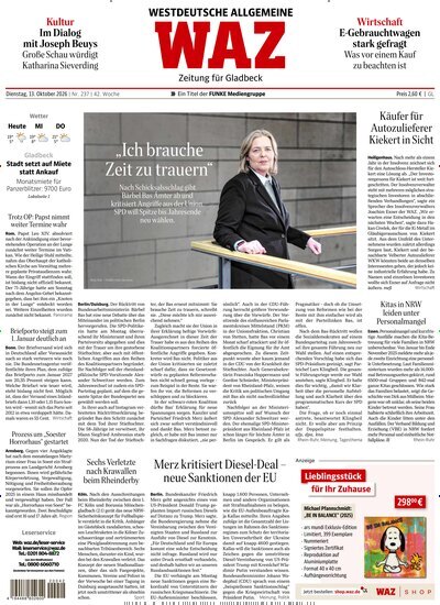 Titelbild der Ausgabe 237/2026 von WAZ Westdeutsche Allgemeine Zeitung für Gladbeck. Diese Zeitschrift und viele weitere Zeitungsabos als Abo oder epaper bei United Kiosk online kaufen.