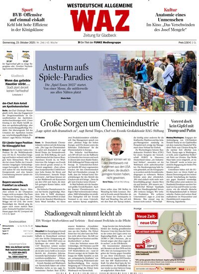 Titelbild der Ausgabe 246/2025 von WAZ Westdeutsche Allgemeine Zeitung für Gladbeck. Diese Zeitschrift und viele weitere Zeitungsabos als Abo oder epaper bei United Kiosk online kaufen.