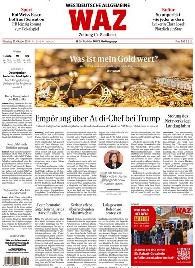 Titelbild der Ausgabe 249/2026 von WAZ Westdeutsche Allgemeine Zeitung für Gladbeck. Diese Zeitschrift und viele weitere Zeitungsabos als Abo oder epaper bei United Kiosk online kaufen.