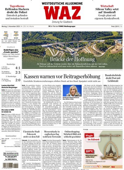 Titelbild der Ausgabe 254/2025 von WAZ Westdeutsche Allgemeine Zeitung für Gladbeck. Diese Zeitschrift und viele weitere Zeitungsabos als Abo oder epaper bei United Kiosk online kaufen.