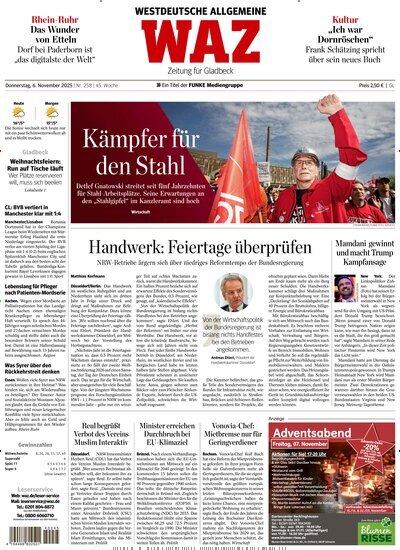 Titelbild der Ausgabe 257/2025 von WAZ Westdeutsche Allgemeine Zeitung für Gladbeck. Diese Zeitschrift und viele weitere Zeitungsabos als Abo oder epaper bei United Kiosk online kaufen.