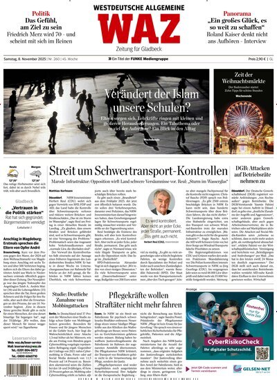 Titelbild der Ausgabe 259/2025 von WAZ Westdeutsche Allgemeine Zeitung für Gladbeck. Diese Zeitschrift und viele weitere Zeitungsabos als Abo oder epaper bei United Kiosk online kaufen.