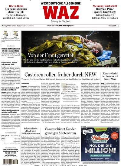 Titelbild der Ausgabe 266/2025 von WAZ Westdeutsche Allgemeine Zeitung für Gladbeck. Diese Zeitschrift und viele weitere Zeitungsabos als Abo oder epaper bei United Kiosk online kaufen.