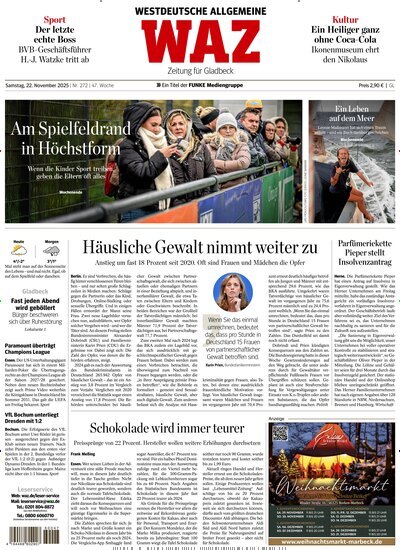 Titelbild der Ausgabe 271/2025 von WAZ Westdeutsche Allgemeine Zeitung für Gladbeck. Diese Zeitschrift und viele weitere Zeitungsabos als Abo oder epaper bei United Kiosk online kaufen.