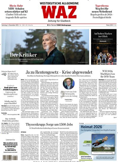 Titelbild der Ausgabe 284/2025 von WAZ Westdeutsche Allgemeine Zeitung für Gladbeck. Diese Zeitschrift und viele weitere Zeitungsabos als Abo oder epaper bei United Kiosk online kaufen.