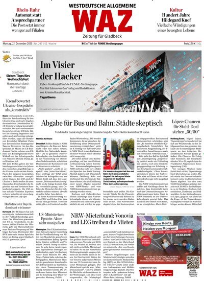 Titelbild der Ausgabe 297/2025 von WAZ Westdeutsche Allgemeine Zeitung für Gladbeck. Diese Zeitschrift und viele weitere Zeitungsabos als Abo oder epaper bei United Kiosk online kaufen.