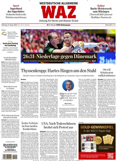 Titelbild der Ausgabe 22/2026 von WAZ Westdeutsche Allgemeine Zeitung für Herne. Diese Zeitschrift und viele weitere Zeitungsabos als Abo oder epaper bei United Kiosk online kaufen.
