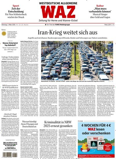 Titelbild der Ausgabe 52/2026 von WAZ Westdeutsche Allgemeine Zeitung für Herne. Diese Zeitschrift und viele weitere Zeitungsabos als Abo oder epaper bei United Kiosk online kaufen.