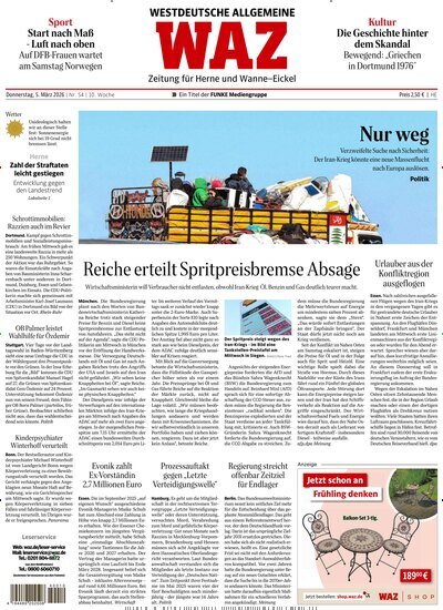 Titelbild der Ausgabe 54/2026 von WAZ Westdeutsche Allgemeine Zeitung für Herne. Diese Zeitschrift und viele weitere Zeitungsabos als Abo oder epaper bei United Kiosk online kaufen.