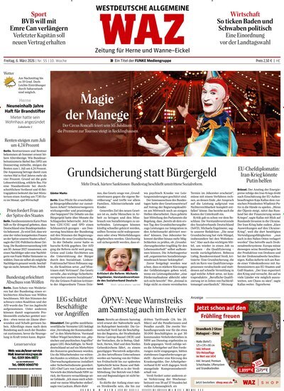 Titelbild der Ausgabe 55/2026 von WAZ Westdeutsche Allgemeine Zeitung für Herne. Diese Zeitschrift und viele weitere Zeitungsabos als Abo oder epaper bei United Kiosk online kaufen.