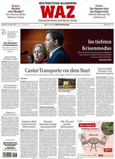 Titelbild der Ausgabe 70/2026 von WAZ Westdeutsche Allgemeine Zeitung für Herne. Diese Zeitschrift und viele weitere Zeitungsabos als Abo oder epaper bei United Kiosk online kaufen.