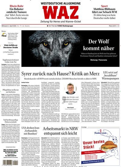 Titelbild der Ausgabe 77/2026 von WAZ Westdeutsche Allgemeine Zeitung für Herne. Diese Zeitschrift und viele weitere Zeitungsabos als Abo oder epaper bei United Kiosk online kaufen.