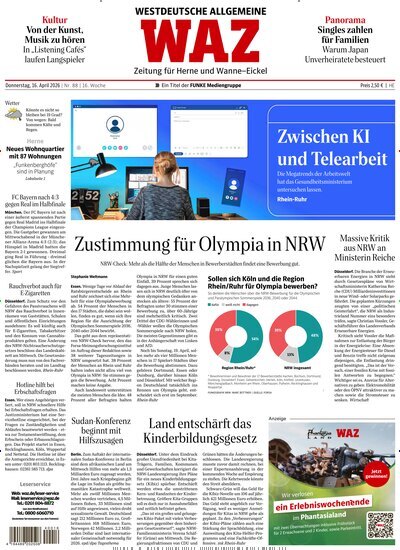 Titelbild der Ausgabe 88/2026 von WAZ Westdeutsche Allgemeine Zeitung für Herne. Diese Zeitschrift und viele weitere Zeitungsabos als Abo oder epaper bei United Kiosk online kaufen.