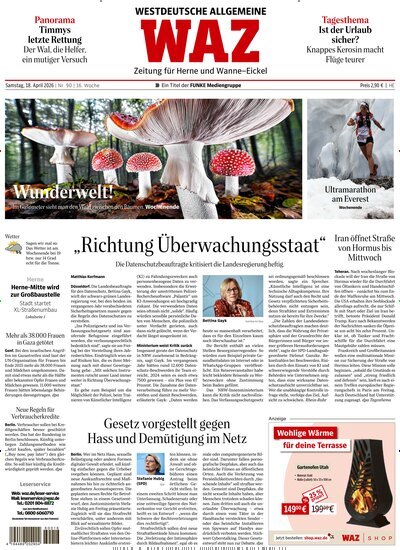 Titelbild der Ausgabe 90/2026 von WAZ Westdeutsche Allgemeine Zeitung für Herne. Diese Zeitschrift und viele weitere Zeitungsabos als Abo oder epaper bei United Kiosk online kaufen.