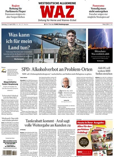 Titelbild der Ausgabe 96/2026 von WAZ Westdeutsche Allgemeine Zeitung für Herne. Diese Zeitschrift und viele weitere Zeitungsabos als Abo oder epaper bei United Kiosk online kaufen.