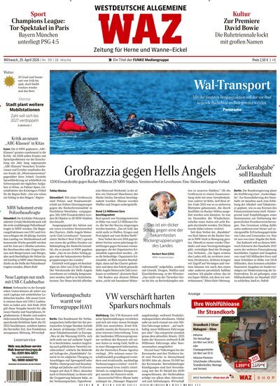 Titelbild der Ausgabe 99/2026 von WAZ Westdeutsche Allgemeine Zeitung für Herne. Diese Zeitschrift und viele weitere Zeitungsabos als Abo oder epaper bei United Kiosk online kaufen.