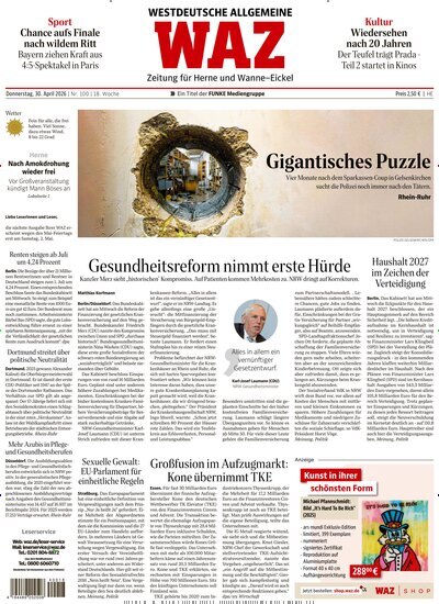 Titelbild der Ausgabe 100/2026 von WAZ Westdeutsche Allgemeine Zeitung für Herne. Diese Zeitschrift und viele weitere Zeitungsabos als Abo oder epaper bei United Kiosk online kaufen.